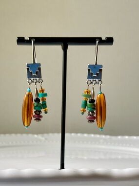 Unique Artisan Sterling 925 Earrings with Turquoise and Amber Very Nice